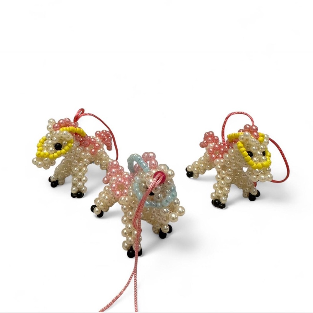 Pastel Pink Beaded Pony Ornaments – Handmade Pearl Horse Décor (Set of 3)